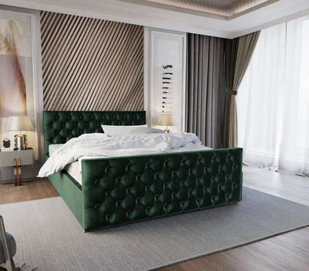 Čalouněná postel Viamao 140x200 lahvově zelená s kontejnerem v moderním skandinávském stylu s prošívaným čelem a nohama