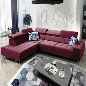 Rohová sedací souprava Hampton VII s funkcí spaní bordó levá rohová sedací souprava do pokoje ze sametové látky s hladkým povrchem