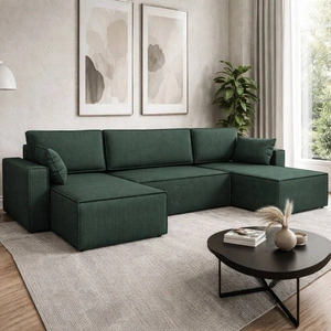 Rohová sedačka s funkcí spaní Rebenes U zelená univerzální rohová sedačka trojrozměrná látka s výraznými pruhy nádoba na lůžkoviny