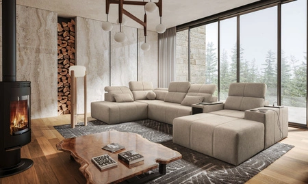 Rohová sedací souprava s funkcí spaní Tesalia V béžová komfortní pravá rohová sedací souprava se zásuvkou a posuvným opěradlem