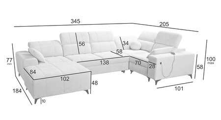 Penejos IV Lux rohová pohovka s funkcí spaní šedý jasan levá stylová rohová pohovka s pohodlnou výsuvnou podnožkou