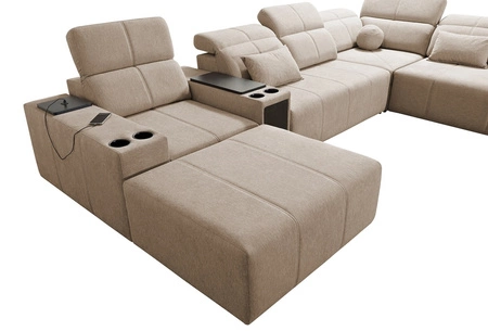 Rohová sedací souprava s funkcí spaní Tesalia V medová levá pohodlná rohová sedací souprava se zásuvkou a funkcí posuvného opěradla