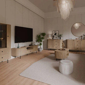 Nábytková sestava Ovalio dub cremona Stylová závěsná skříňka do obývacího pokoje Skříňky neobvyklého oválného tvaru zdobené pečlivým frézováním