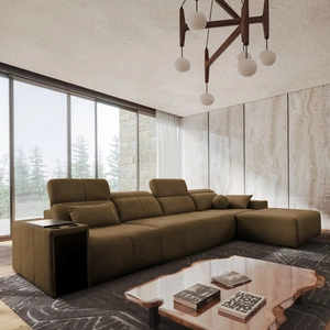 Rohová sedací souprava s funkcí spaní Tesalia XII hnědá pravá strana moderní design pohodlné posuvné opěradlo zásuvka v boku nábytku