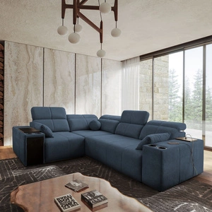 Rohová sedací souprava s funkcí spaní Tesalia II modrá levá pohodlná rohová sedací souprava do obývacího pokoje s posuvným opěradlem nádoba na lůžkoviny