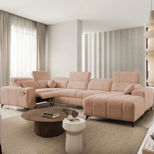 Rohová sedací souprava s funkcí spaní Penejos IV Lux lososová pravá stylová rohová sedací souprava s pohodlným výsuvným podnožníkem