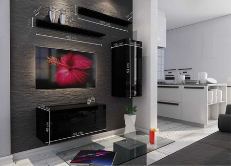 Nástěnná skříň Magnus černý lesk závěsná umožňuje uspořádat multimediální kout v mimořádně moderním stylu