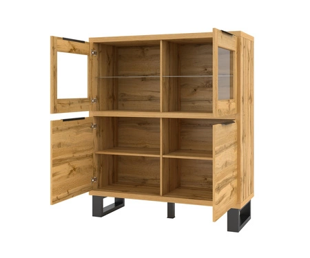 Komoda Halle 120 cm dub wotan funkční ideální do interiérů v loftovém stylu vysoká komoda se sklem na kovovém podstavci