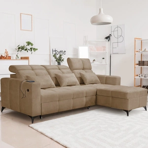 Rohová pohovka s funkcí spaní Laredo tmavě béžová pravý roh pohodlná a stylová rozkládací pohovka s kontejnerem na lůžkoviny