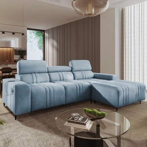 Rohová rozkládací pohovka s funkcí spaní Castel blue pravý roh pohodlná a stylová rozkládací pohovka s kontejnerem na lůžkoviny