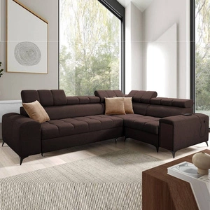 Rohová sedací souprava s funkcí spaní Bolmso II hnědá pravostranná rohová sedací souprava se zásuvkou na lůžkoviny s plným výsuvem v boční části nábytku