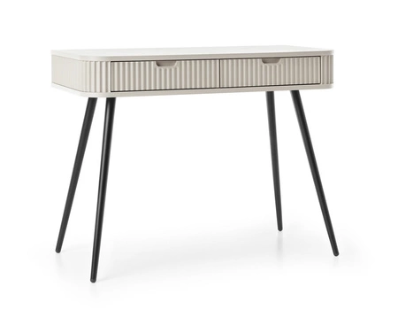 Béžová konzola Zoya se zásuvkami stylový a funkční toaletní stolek zakřivený masivní tvar rýhovaná čela zásuvek kovové nohy