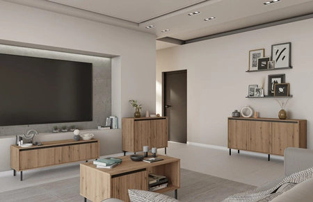 Komoda Osaka 149 cm dub evoke / černá minimalistický design dokonalý návrh pro obývací pokoj a ložnici komoda vkusné drážkované čelo