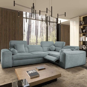 Viano II Lux šedomodrá designová rohová rozkládací pohovka s funkcí spaní do obývacího pokoje s pohodlnou výsuvnou opěrkou nohou