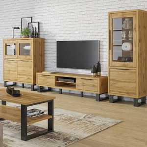 Sestava nábytku do obývacího pokoje Halle dub wotan stylový design stabilní kovová základna úchyty na hranách nábytek v loftovém stylu