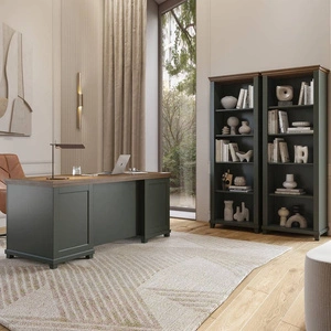 Nábytková sestava Evora lahvově zelená / dub lefkas vkusným designem potěší milovníky výrazných interiérů do kanceláře nebo pracovny