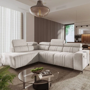 Rohová pohovka s funkcí spaní Castel VII béžová levá stylová rohová pohovka s úložným prostorem na lůžkoviny a nastavitelnými opěrkami hlavy