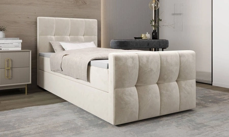 Manhattan 90x200 béžová kontinentální postel v moderním skandinávském stylu s čalouněným čelem a nohou postele s úložným boxem