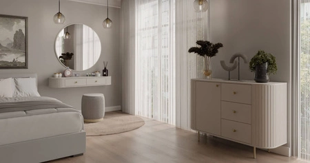 Komoda Ovalio 123 cm béžová Elegantní komoda s výjimečně stylovým designem oválného tvaru zvýrazněného frézováním