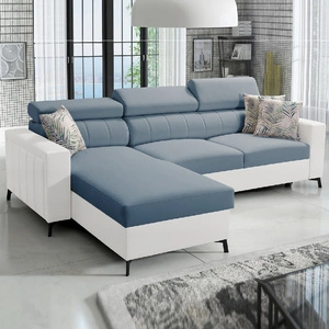 Rohová sedací souprava s funkcí spaní Savona modrá / bílá levá elegantní rohová sedací souprava s nastavitelnými opěrkami hlavy dekorativní prošívání