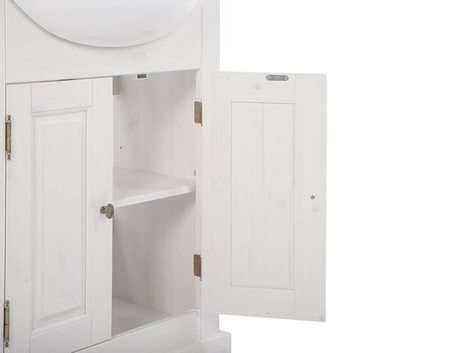 Romantická sada koupelnového nábytku bílá elegantní dřevěné skříňky do koupelny v klasickém stylu vkusné kovové úchytky