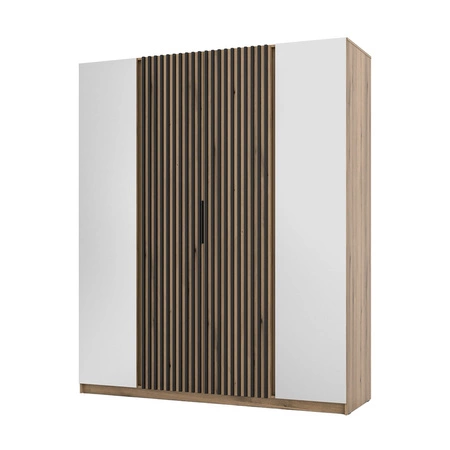 Šatní skříň se zrcadlem Kastano XIV 200 cm dub evokuje elegantní design šatní dveře zdobené černými lamelami šatní skříň do předsíně