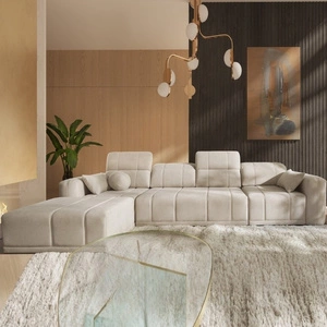 Rohová sedací souprava s funkcí spaní Cetara XII béžová levá strana stylový design pohodlná posuvná opěradla dvě nádoby na lůžkoviny