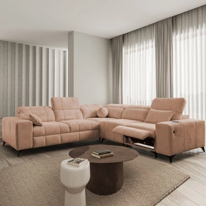 Rohová sedací souprava s funkcí spaní Penejos III Lux losos pravý Pohodlná rohová sedací souprava do obývacího pokoje s výsuvnou podnožkou Kontejner na ložní prádlo