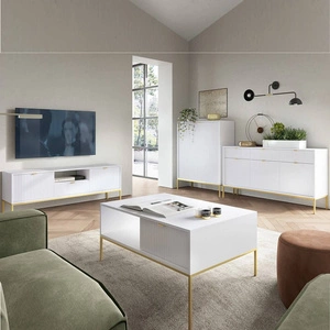 Nábytková sestava Lovro bílá moderní designová nástěnná skříňka obohacená o zlaté kovové doplňky nábytek do obývacího pokoje nebo obývacího pokoje