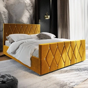 Čalouněná postel Tifton 140x200 hořčice s úložným boxem v moderním stylu s výrazným čelem a nohama s povrchovou úpravou krystaly