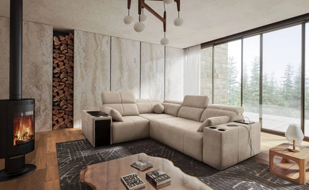 Rohová sedačka s funkcí spaní Tesalia II béžová levá pohodlná rohová sedačka do obývacího pokoje s posuvným opěradlem nádoba na lůžkoviny