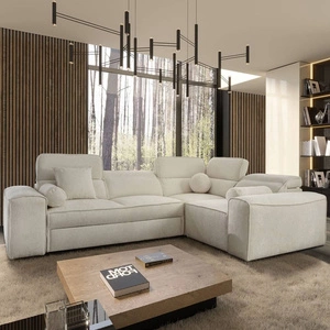 Rohová sedací souprava Viano II s funkcí spaní Krémová designová pravostranná rohová sedací souprava, která se skvěle hodí do moderních interiérů