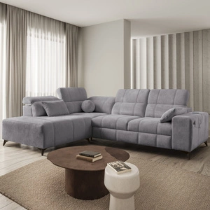Rohová sedací souprava s funkcí spaní Penejos VII světle šedá levá stylová rohová sedací souprava s úložným prostorem na lůžkoviny pohodlné polohovatelné opěrky hlavy