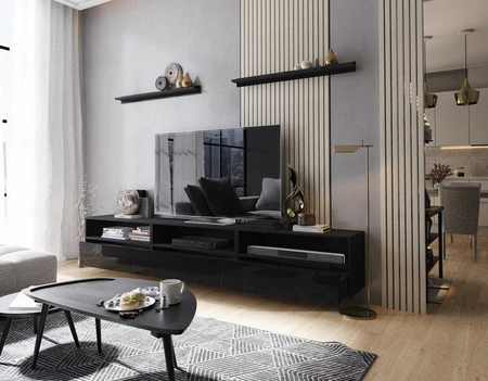 Kaires 258 cm černá / lesklá černá nástěnná RTV skříňka s policemi elegantní a stylový design, který se hodí do každého interiéru