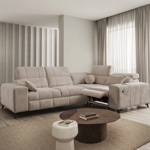 Rohová sedací souprava s funkcí spaní Penejos II Lux tmavě béžová pravá pohodlná rohová sedací souprava do obývacího pokoje s pohodlným výsuvným podnožníkem