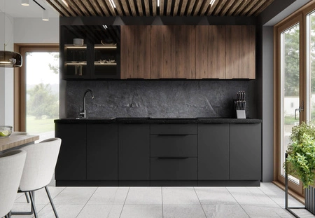 Sada kuchyňského nábytku Brianza / Černá 260 cm skříňky s kovovými úchytkami vypadají skvěle v moderních interiérech