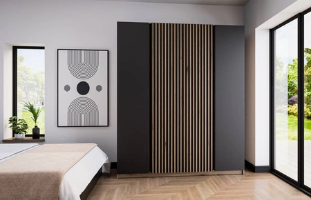 Šatní skříň Kastano XIII 200 cm dub evoke / černá stylový design úchytky na hraně dveře šatní skříně zdobené dubovými lamelami evoke