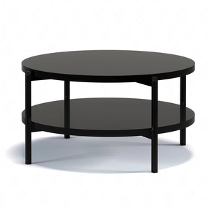 Kulatý konferenční stolek 84 cm Sampi lesklá černá s přídavnou policí lehký design kovová podnož ideální stolek pro jakékoliv uspořádání