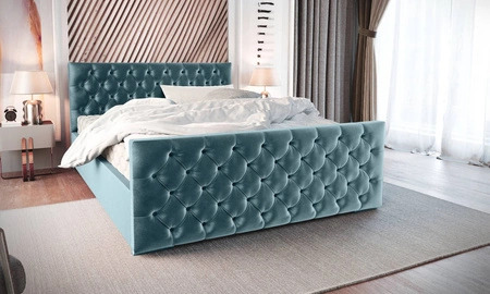 Čalouněná postel Viamao 140x200 tyrkysová s úložným prostorem v moderním skandinávském stylu s prošívaným čelem a nohama