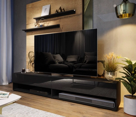 RTV skříňka Nea 180 cm černá / lesklá černá se závěsem a policemi stylový design, který se hodí do každého interiéru