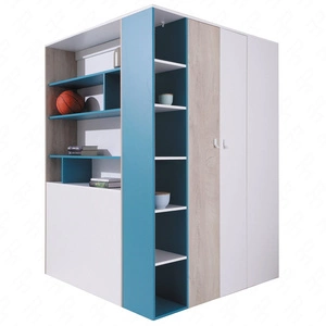 Rohová šatní skříň Niko bílá / dub / mořská ideální jako užitková a prostorná skříň se zásuvkami a policemi