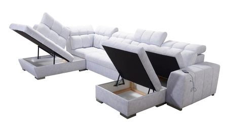 Rohová pohovka Luigi VI s funkcí spaní šedá pravostranná stylová rohová pohovka s kontejnery na lůžkoviny potažená měkkou látkou