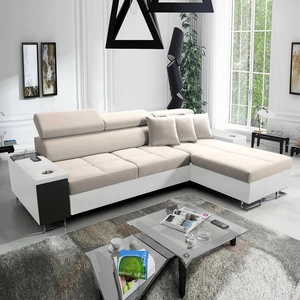 Rohová rozkládací pohovka Dafni světle béžová / bílá pravostranná sametová pohodlnost a funkčnost při každodenním odpočinku