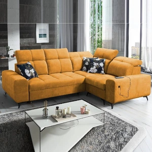 Rohová pohovka s funkcí spaní Buffalo II žlutá pravá Funkční a stylová rohová pohovka s nastavitelnými opěrkami hlavy