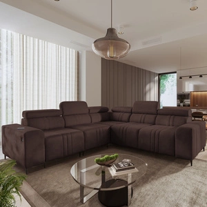 Rohová sedací souprava s funkcí spaní Castel III hnědá levá rohová sedací souprava se dvěma kontejnery na lůžkoviny s nastavitelnými opěrkami hlavy