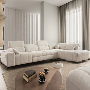 Rohová pohovka s funkcí spaní Penejos XI krémová pravá pohodlná rohová pohovka s nastavitelnými opěrkami hlavy a dvěma přihrádkami na lůžkoviny