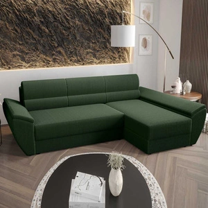 Rohová pohovka s funkcí spaní Fogu III zelená pravostranná stylová rohová pohovka s područkami a úložným prostorem na lůžkoviny manšestrová tkanina
