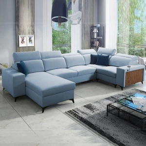 Rohová sedací souprava Kelly IV s funkcí spaní modrá levá sametová pohodlná rohová sedací souprava nastavitelné opěrky hlavy boční čalounění s lištami