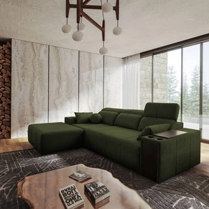 Rohová sedací souprava s funkcí spaní Tesalia zelená levá moderní design pohodlný posuvný opěrák zásuvka v boku nábytku