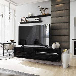 Nástěnná skříňka RTV Neo 172 cm černá / lesklá černá s policemi Stylová designová TV skříňka s vysoce lesklými čely